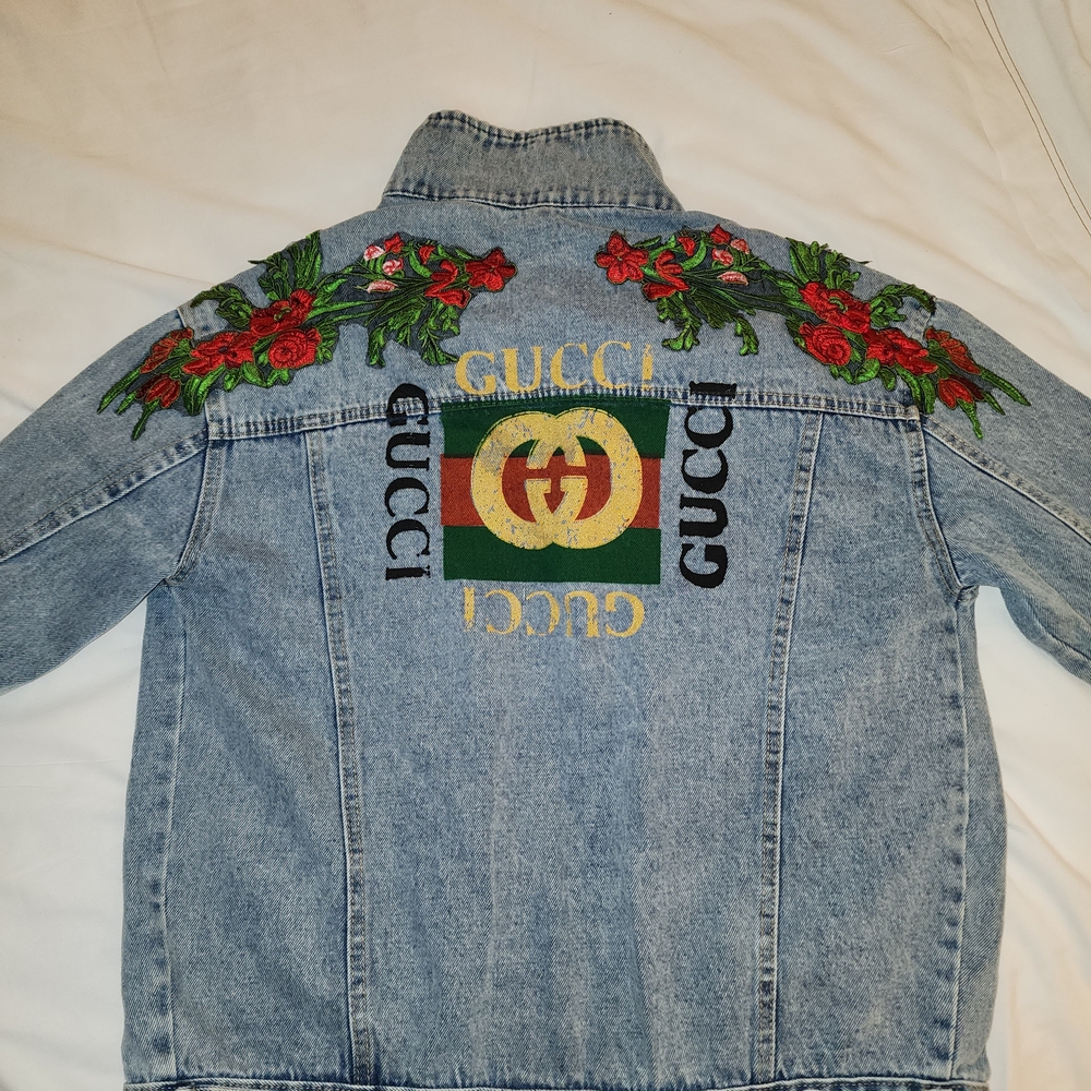Custom Made Luxury Blue Denim Jacket with Red and Green Embroidery